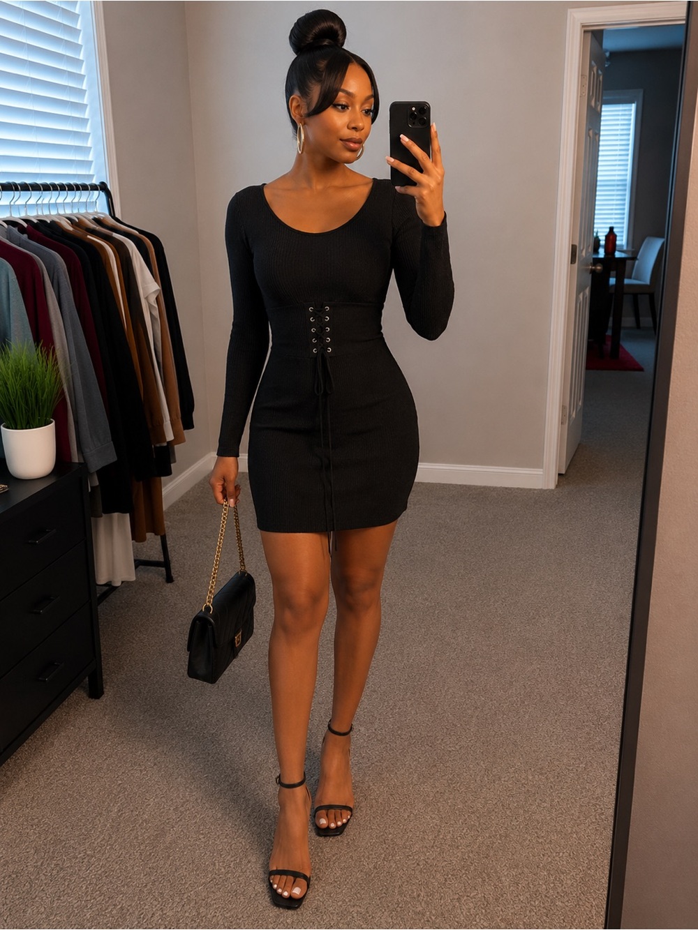 Justify Black Long-Sleeve Lace-Up Mini Dress